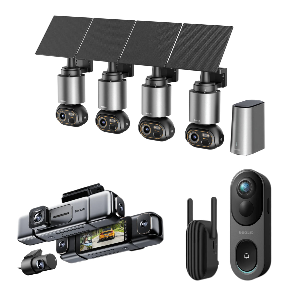 Bundle für die Sicherheit von Zuhause und unterwegs: W510 4-Kamera-Set + G980H 4-Kamera-Dashcam + R810-Türklingel