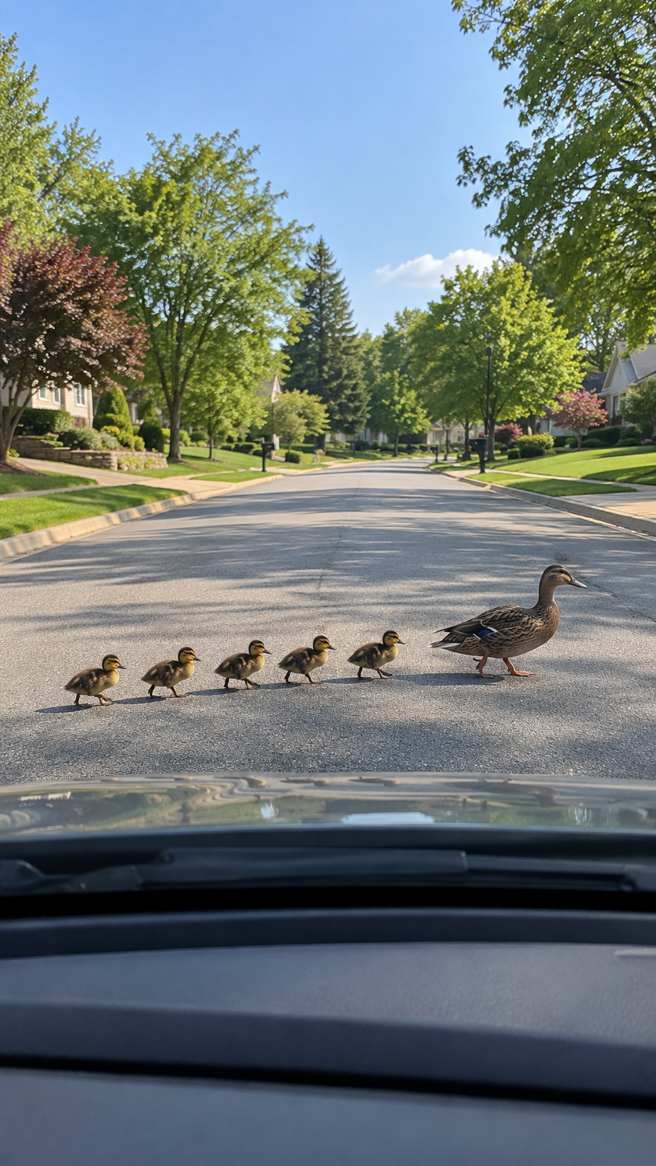 Illustrative dashcam view of a duck family crossing a road